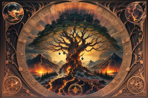 igdrasil world tree，it emits a golden light，to its left is volcanic and magma，to its right are glaciers and blizzards，the sky is...