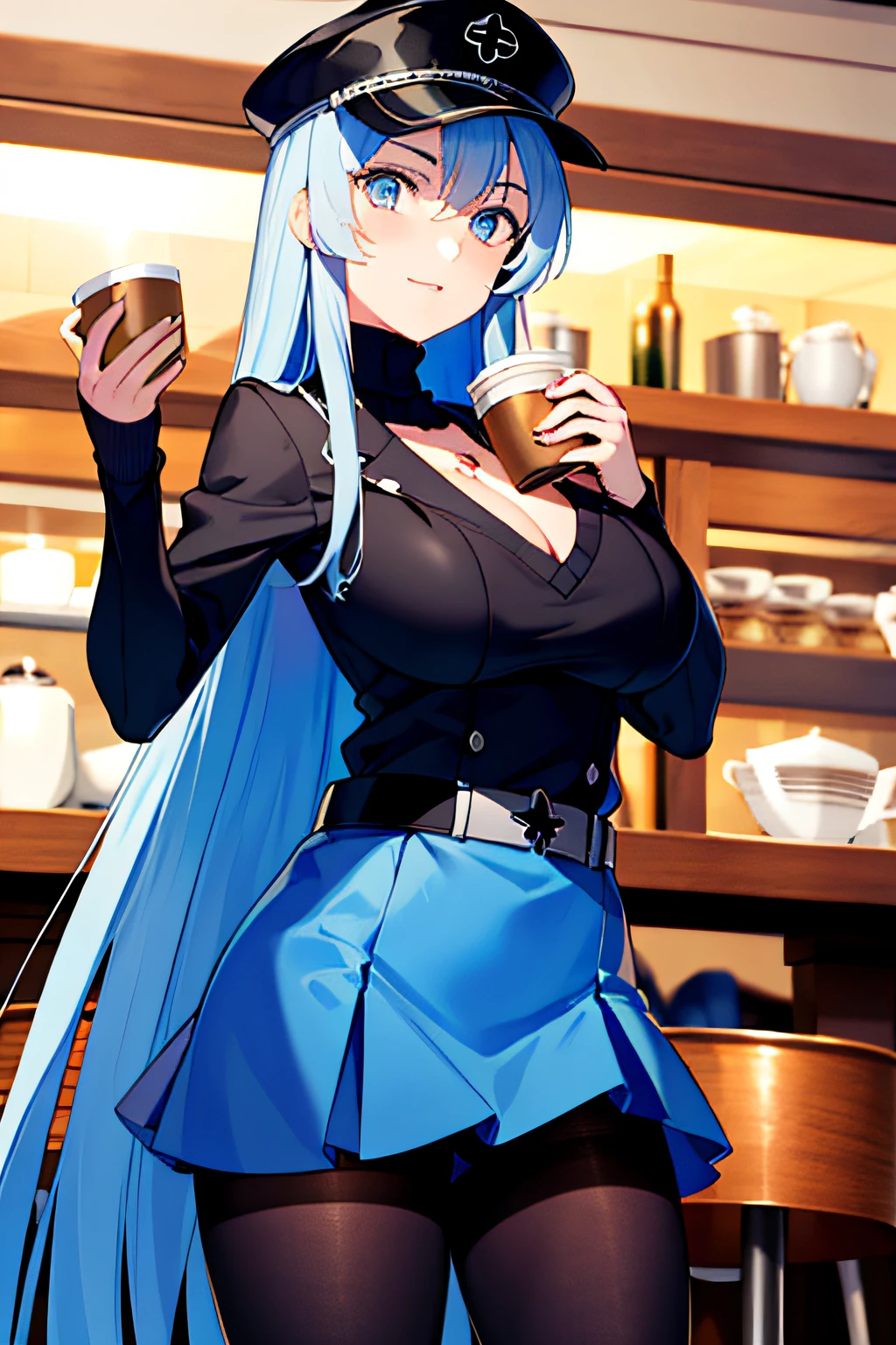 (Masterpiece), (Best quality),A high resolution, Ultra detailed, esdeath, Long hair ,Blue hair, Blue eyes, Peaked hat, Detailed background, cafe shop,high waisted skirt, Black pantyhose, (Black sweater), full bodyesbian