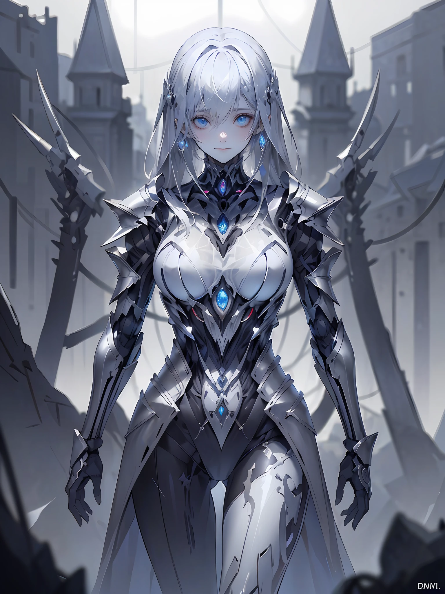 Super fine illustration,((Masterpiece, Best quality)),Extremely detailed eyes and face,The artist has provided more details for anime female characters in armor, 1girll, Dynamic pose, Delicate and shiny tan_skin,Black armor, Solo,Evil smile, long shiny hair, Shoulder armor, Blue eyes, Large of breast,Evil Warrior,Black cuirass,Black bodysuit, Crotch, Dark, Depth of field,Outdoors,Professional lighting,cinematic shadow,Black Knight ,darkened room,