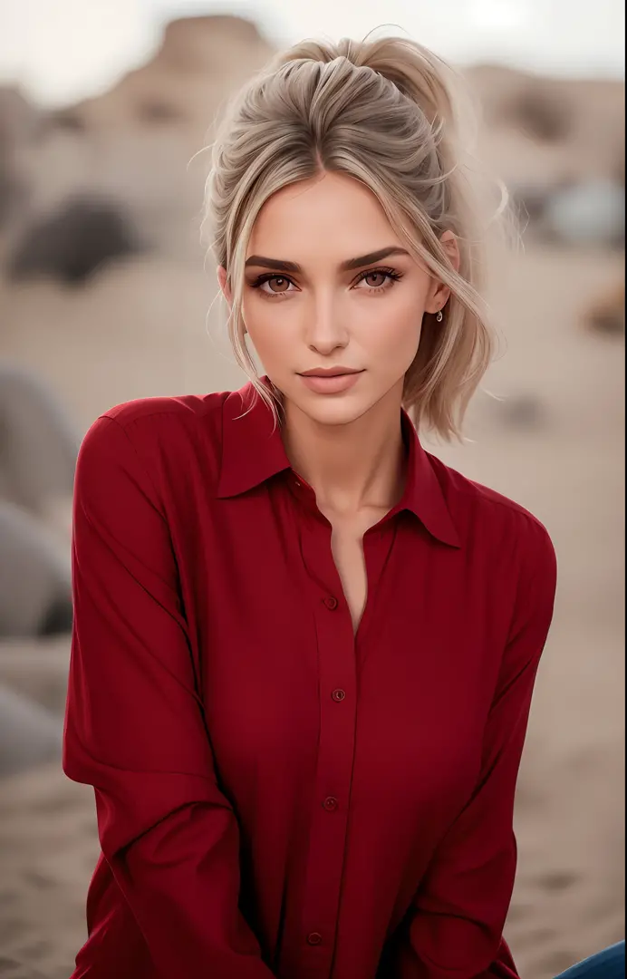 uma linda mulher com cabelos loiros e uma camisa vermelha posando para uma foto, vestindo uma camisa vermelha de lenhador, vesti...