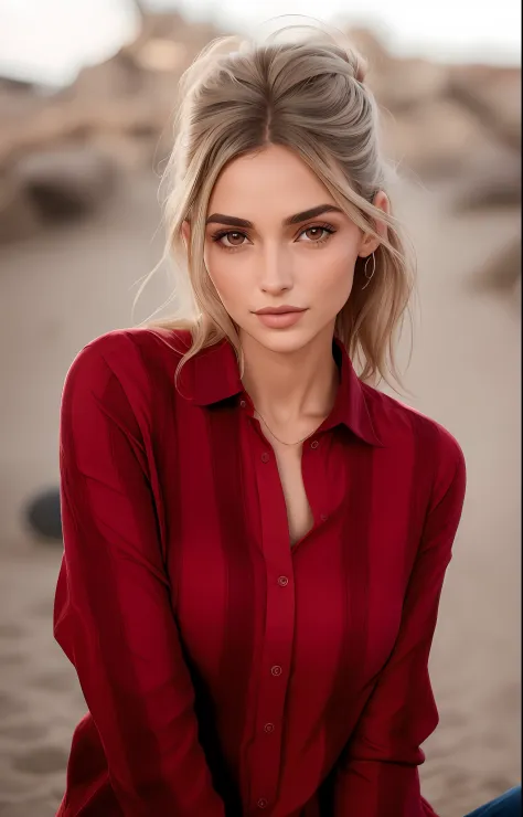 uma linda mulher com cabelos loiros e uma camisa vermelha posando para uma foto, vestindo uma camisa vermelha de lenhador, vesti...