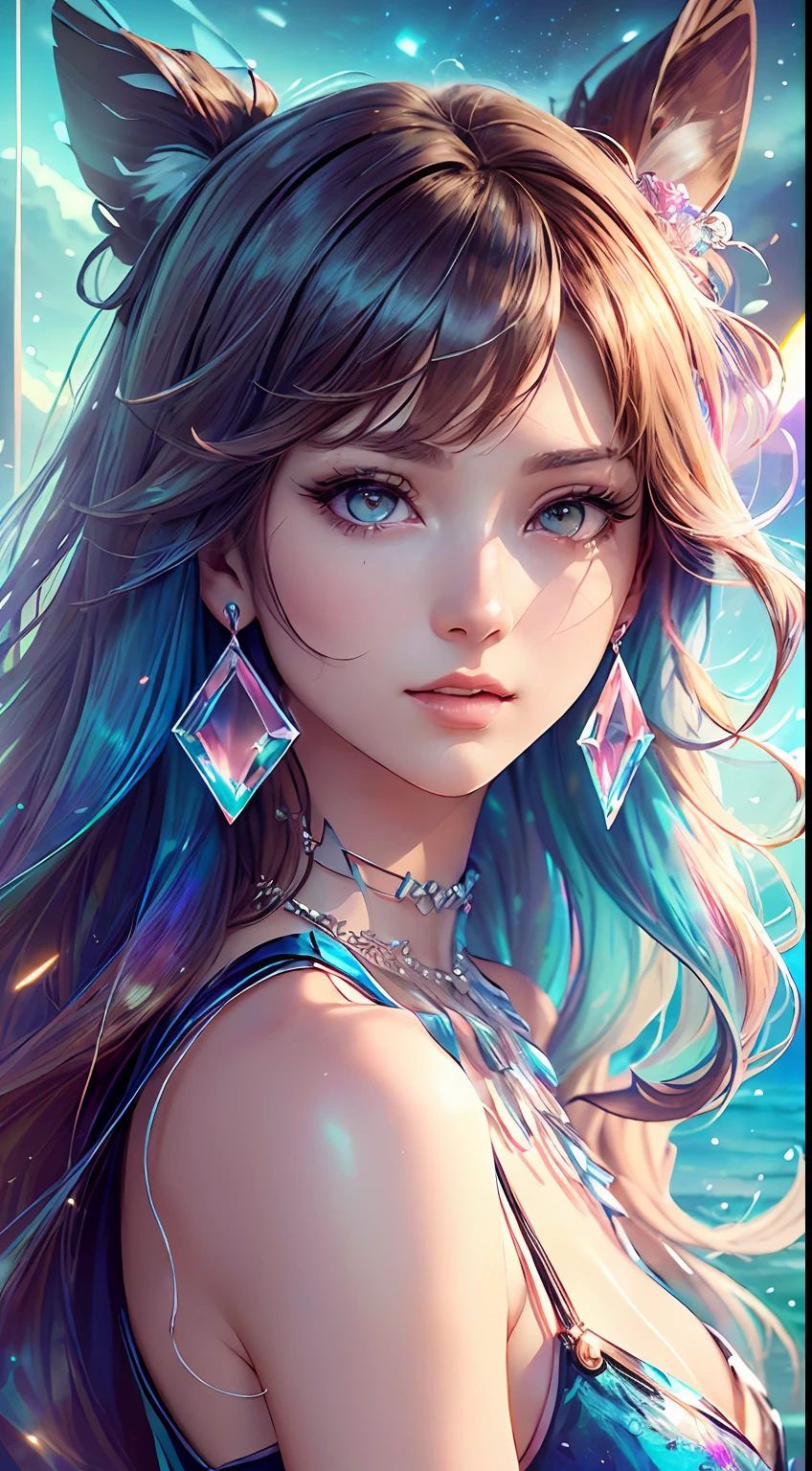 (​masterpiece), (high-level image quality), (Ultra-detail), (long), (illustratio), (1girl in), and souls、anime styled、 (One woman）Earrings only accessories、Close up portrait of woman with amber hair、Very beautiful glowing eyes, Like crystal clear glass、Tank Tops、Summer clothes、4K high-definition digital art、stunning digital illustration、Stunning 8K artwork、colorfull digital fantasy art、Colorful and bright、beautiful digital works of art、Colorful Digital Anime Art、Portrait of beautiful woman、8K HD Digital Wallpaper Art、