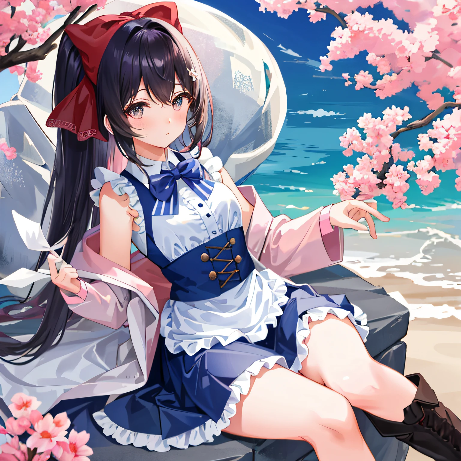 Tsundere、quadratic element、Small loli、with short black hair、Bright eyes、Small round face、upturned eyebrows、Fair and smooth skin。 Sweet、Lolita style、Puffy skirt、Lace、Bow knot、The color is bright、Cute style、In pink、blue colors、red colour、lace legwear、tigh-high boots、Cute accessories、Bow hairpins、neck chain、bangle、school ground、Anime Carnival。Falling streamers and debris，a sense of atmosphere。absurderes, A high resolution, Ultra detailed, elegant flourishes, and a sense of craftsmanship and skill,。Anime girl in maid costume sitting on a branch, Beautiful anime girl, seductive anime girls, cute anime waifu in a nice dress, pretty anime girl, attractive anime girls, Cute anime girl, beautiful and seductive anime woman, (Anime girl), Anime girl, Kawasi, Guweiz in Pixiv ArtStation, Extremely detailed Artgerm