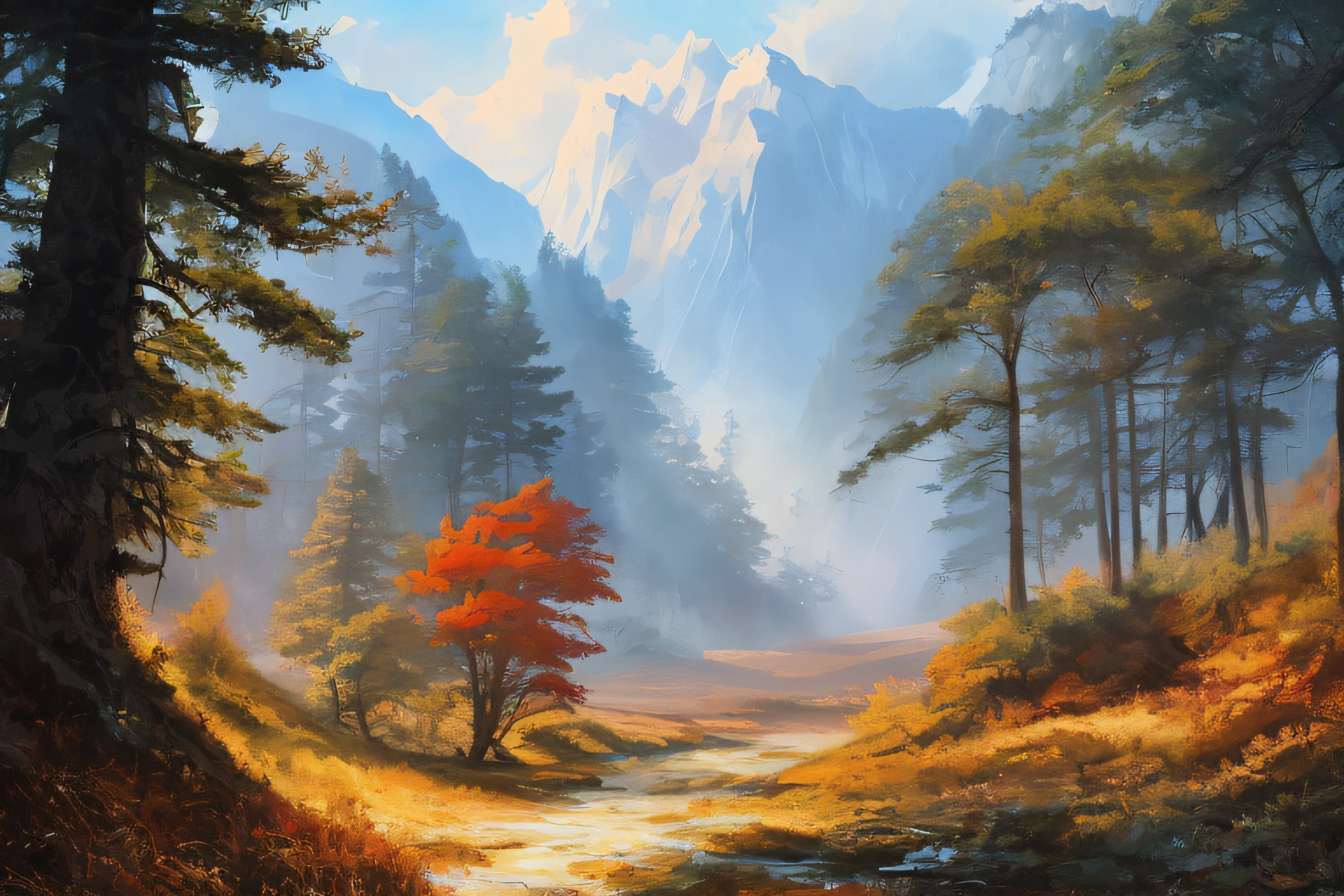 samdoesarts style. physical palette knife painting, thick Oil paint, stunning landscape, vast scale, soft colors, muted contrast, extremely detailed and intricate. 
Forrest landscape, God rays, sharp focus