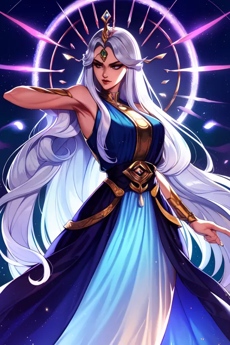 tmasterpiece, beste-qualit, a handsome female, strict, priestess of the moon, silver dress, long dress, long silver hair, sharp ...