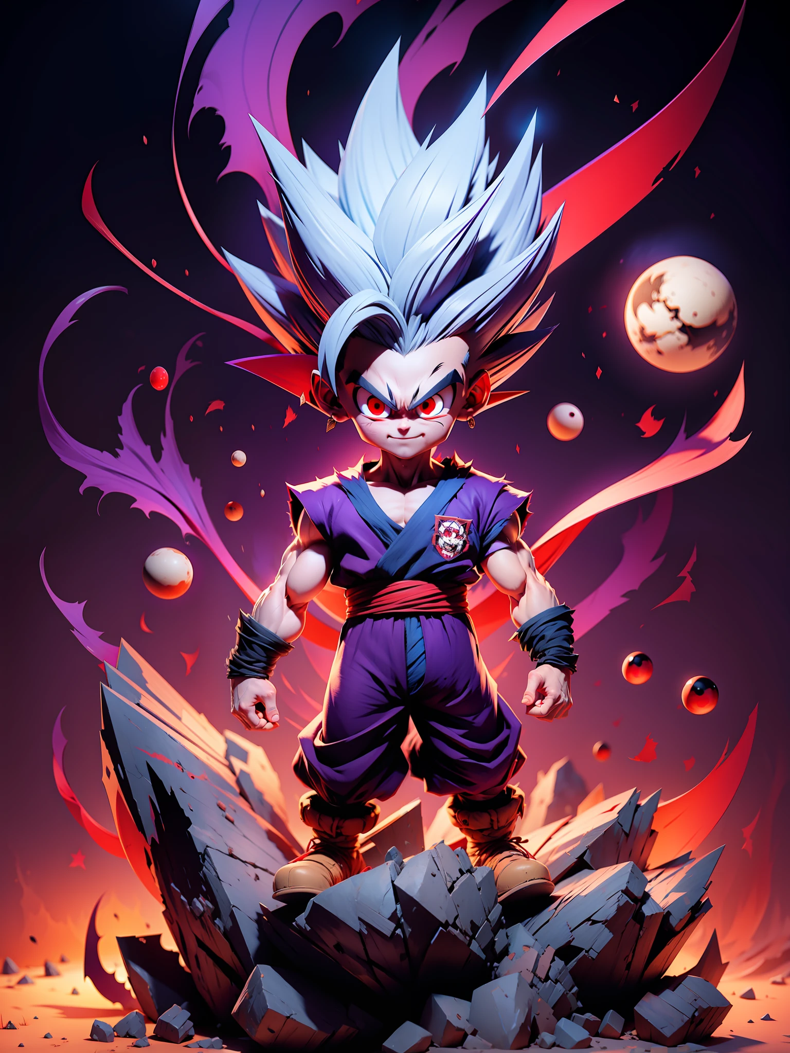 masterpiece, best quality, ultra-detailed, Adult Gohan 1boy, solo, Full body, evil smile, grey hair, spiked hair, (((red eyes))), (((perfect eyes))), (((PURPLE dougi))), full body, looking at viewer, male focus, earth \(planet\), planet, space, cracked ground and lots of rocks rising up, lots of debris going up, perfect hands . Cute, chibi,