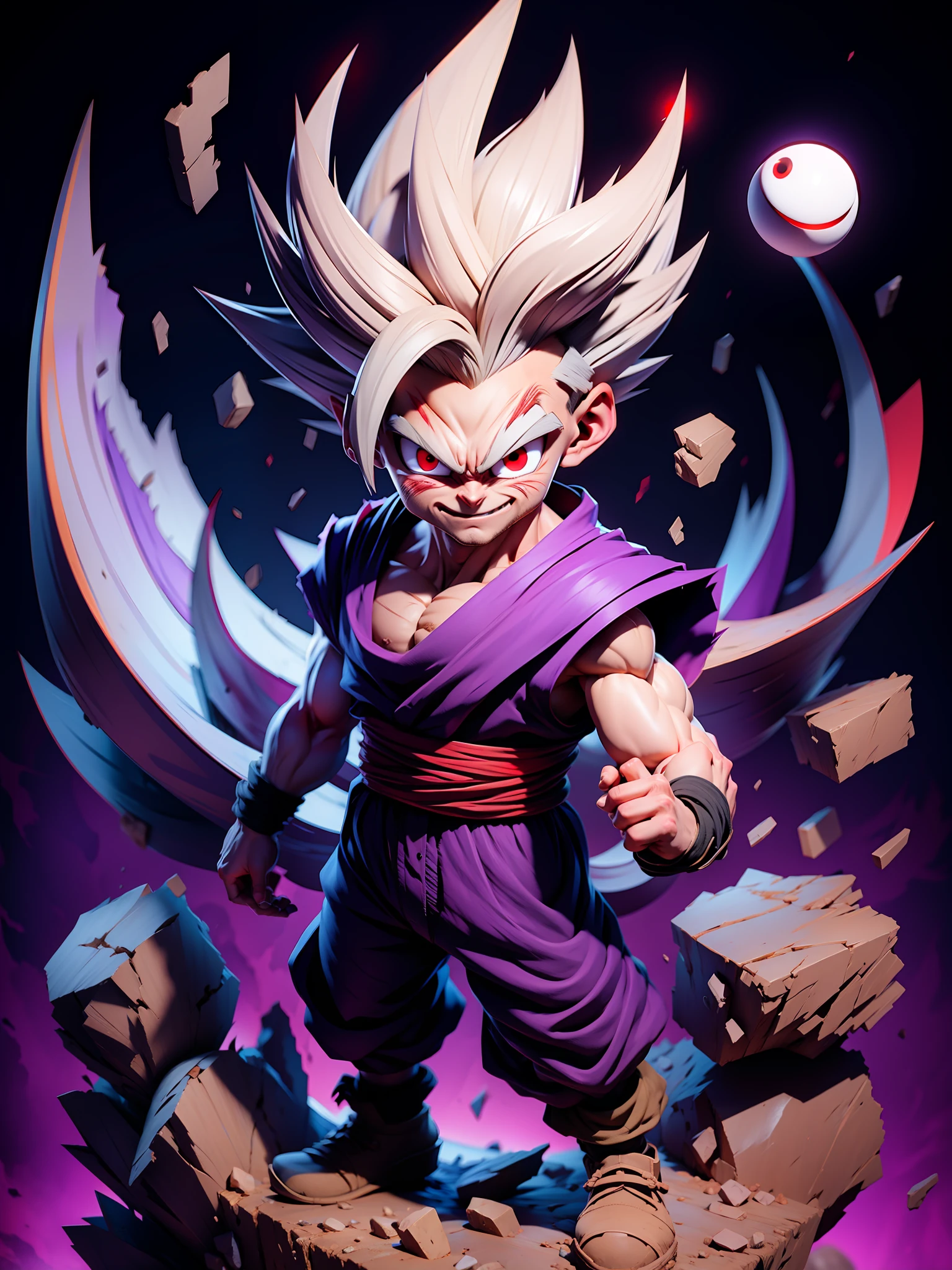 masterpiece, best quality, ultra-detailed, Adult Gohan 1boy, solo, Full body, evil smile, grey hair, spiked hair, (((red eyes))), (((perfect eyes))), (((PURPLE dougi))), full body, looking at viewer, male focus, earth \(planet\), planet, space, cracked ground and lots of rocks rising up, lots of debris going up, perfect hands . Cute, chibi,