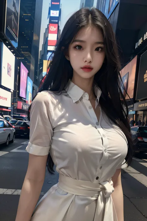 top-quality、​masterpiece、(Photorealsitic:1.4)、1girl in、Super Detailed Face、detailedeyes、Light smile、shirt with collar、from waist up、Dramatic Lighting、frombelow、With New York's Times Square in the background