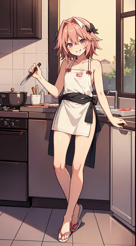 hiquality, tmasterpiece (One guy Astolfo, housewife) Cute smiling face, apron on the naked body, Bare feet in slippers. In the b...