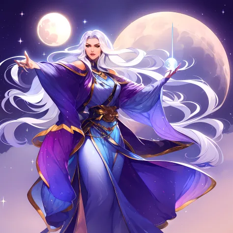 tmasterpiece, beste-Qualit, a handsome female, strict, Priestess of the Moon, silver dress, Long Dress, Long silver hair, sharp ...
