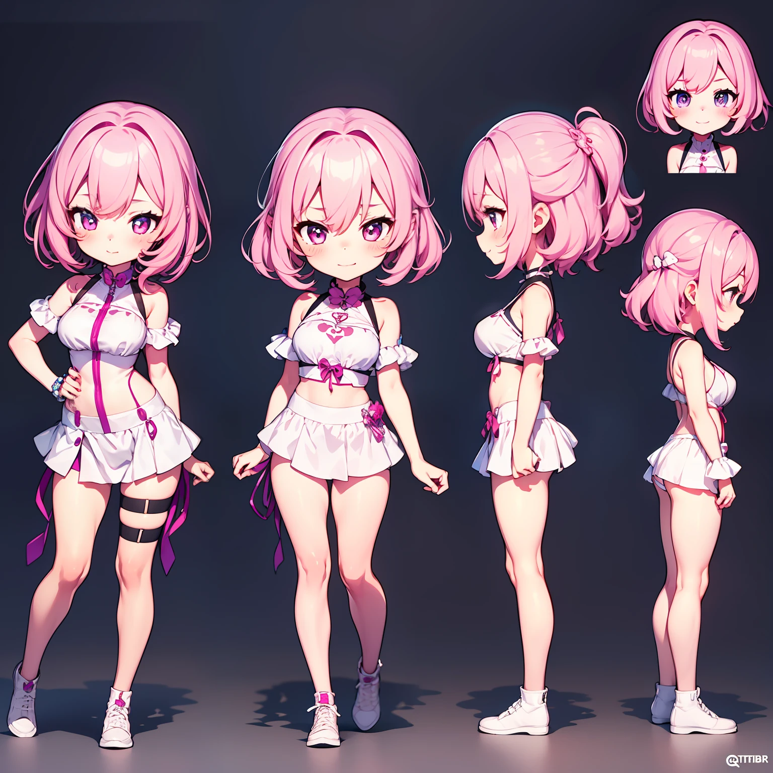 1girll，  tchibi， full bodyesbian， short detailed hair， looking at viewert， mediuml breasts，  Pink hair， Purple eye， Sideburns， ssmile， 独奏， dynamicposes，The finger contours are super clear，Q version of cartoon，