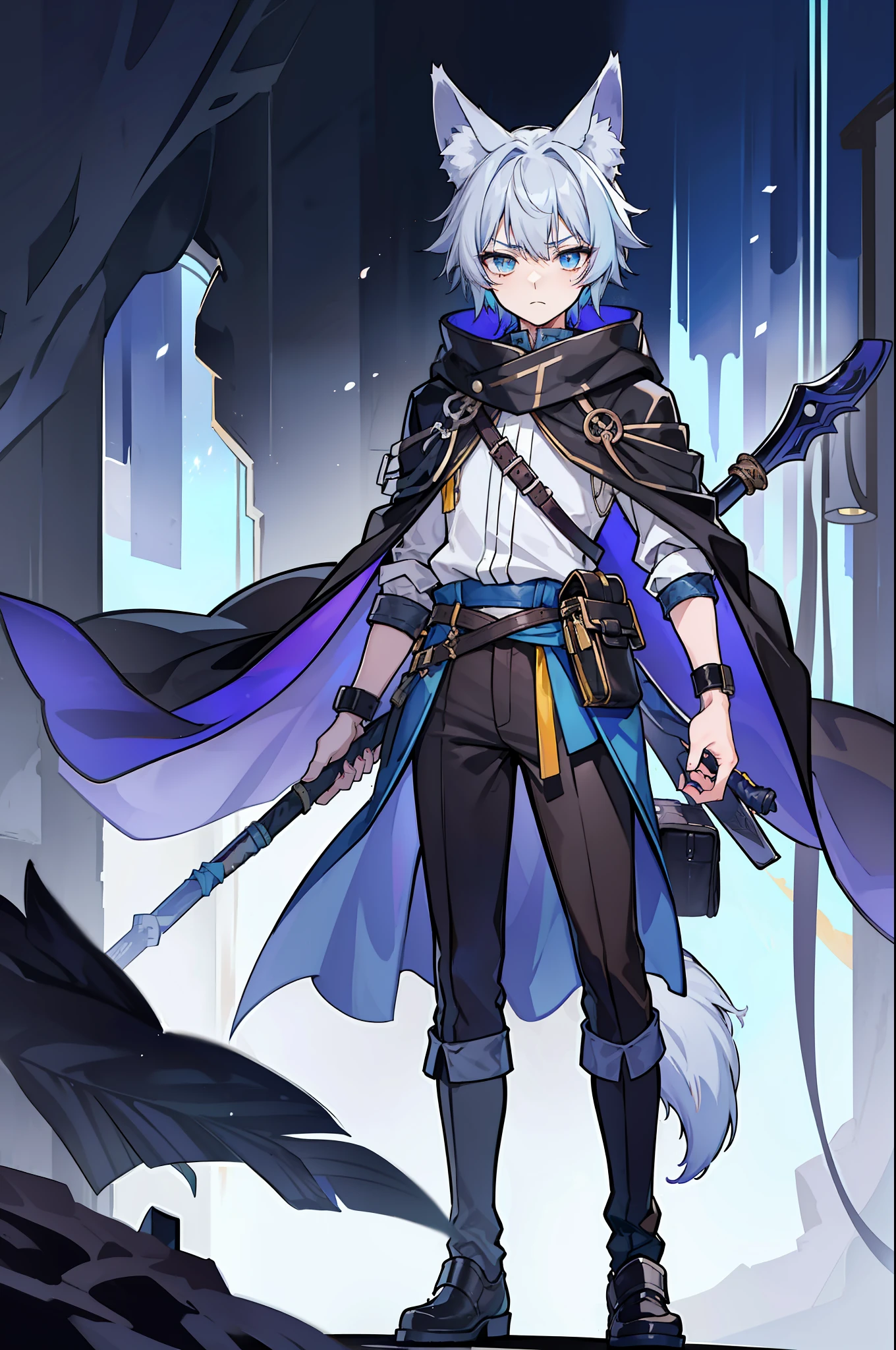 (masterpiece), best quality, expressive eyes, perfect face, 1boy, solo, (light shade hair, fox tail, blue grey hair, fox boy, fox guy, kemonomimi, young male, young boy, fox ears, light blue grey hair, lavender mist color hair and tail, pale blue hair, bluish cyan hair), azure eyes with yellow under shade, yellow eye highlights, azure eyes, (leather robe, brown cape, dark hood), (kid, 17 year old, scared, trauma, afraid, young man), (minimal accessories, satchel, sling bag), staff, spellcasting staff, short young boy, young boy, traumatized, scared and hiding, hiding, poor, ragged clothes, scratched clothing, scared, poor clothing, not rich, basic clothing, short bangs, big eyes, dark brown robe, brown pants, rope tied, fox tail, scared, young face, eyebags, black pants