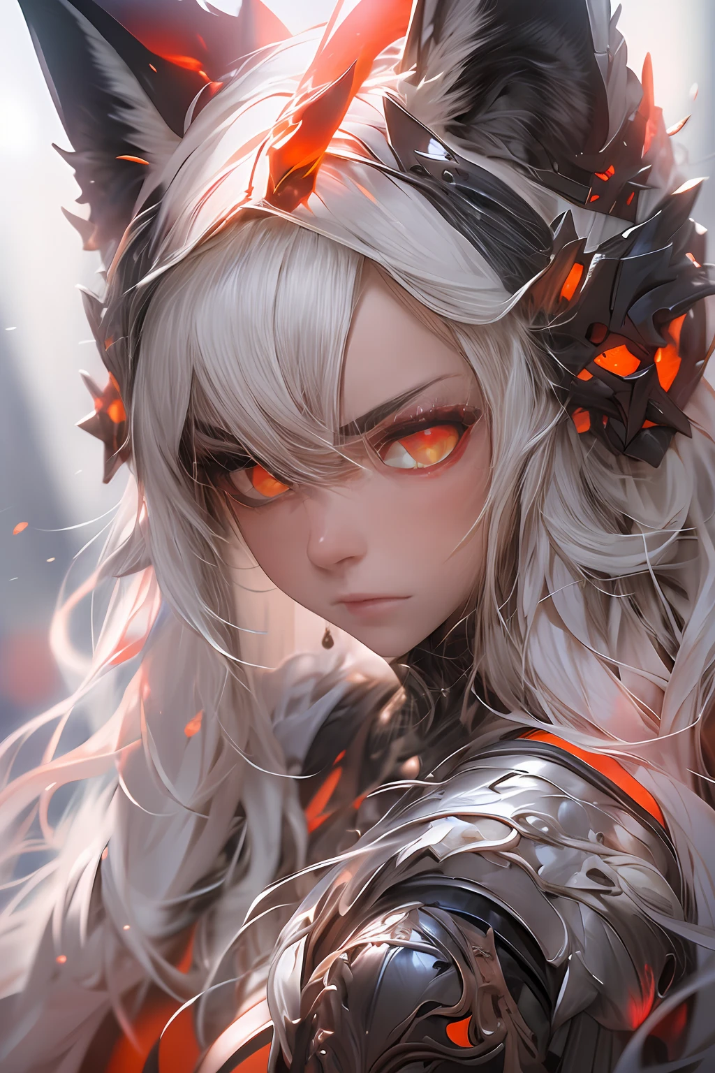 (masterpiece), (best quality), realistic, photorealism, 1girl, beautiful girl, perfect face, perfect body, sexy, close-up portrait, (red glowing eyes), girl with fox ears, angry, armor, cinematic light