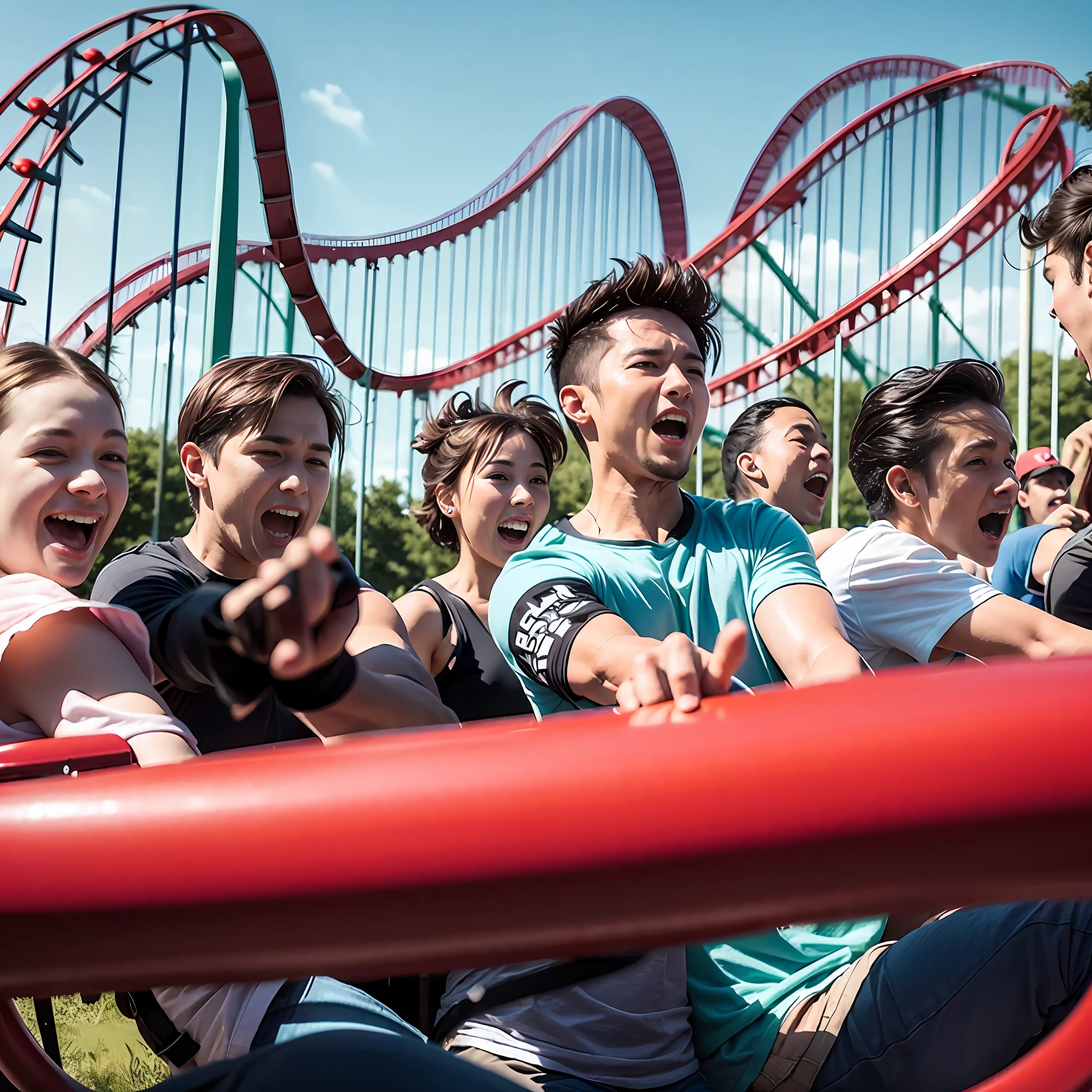 Arafed group of people riding a roller coaster at a theme park - SeaArt AI