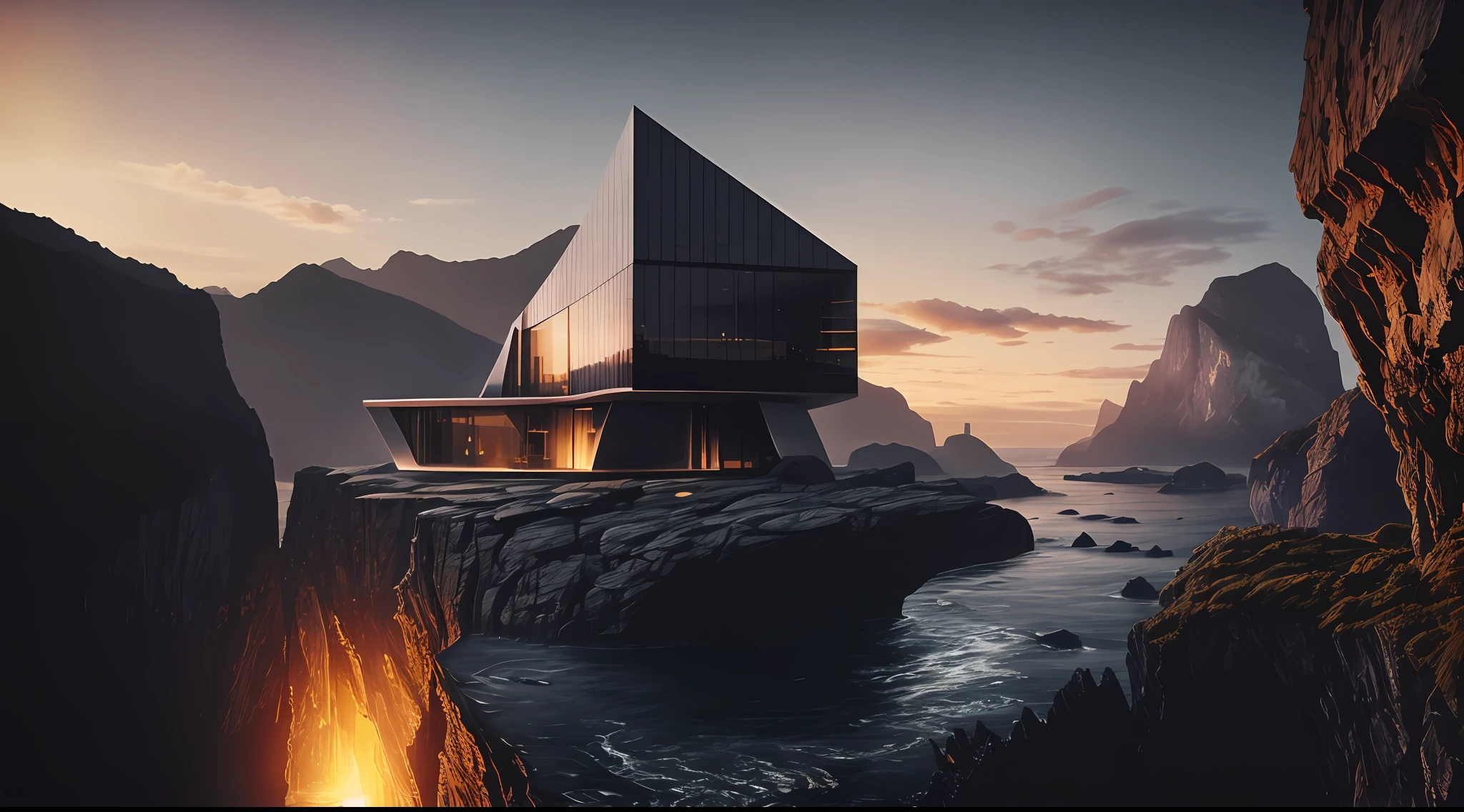 naturey， Epic building in the center， warmth， Evening glow， primitive， HDR， （precipice， waterfallr， Abyss， Rochas， House on the edge of the cliff）， cinematic ligh， Slate gray， Dramatic light，Exterior of Zaha Hadid building，helipad