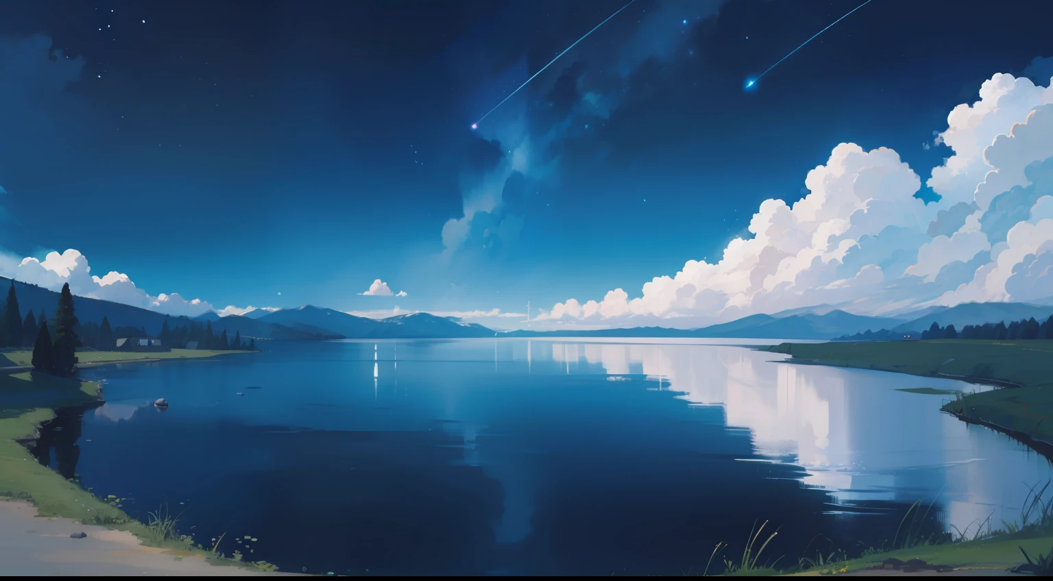 A starry sky with beautiful clouds and a lake that reflects the clouds, dans un style anime, la camera vue ver le ciel