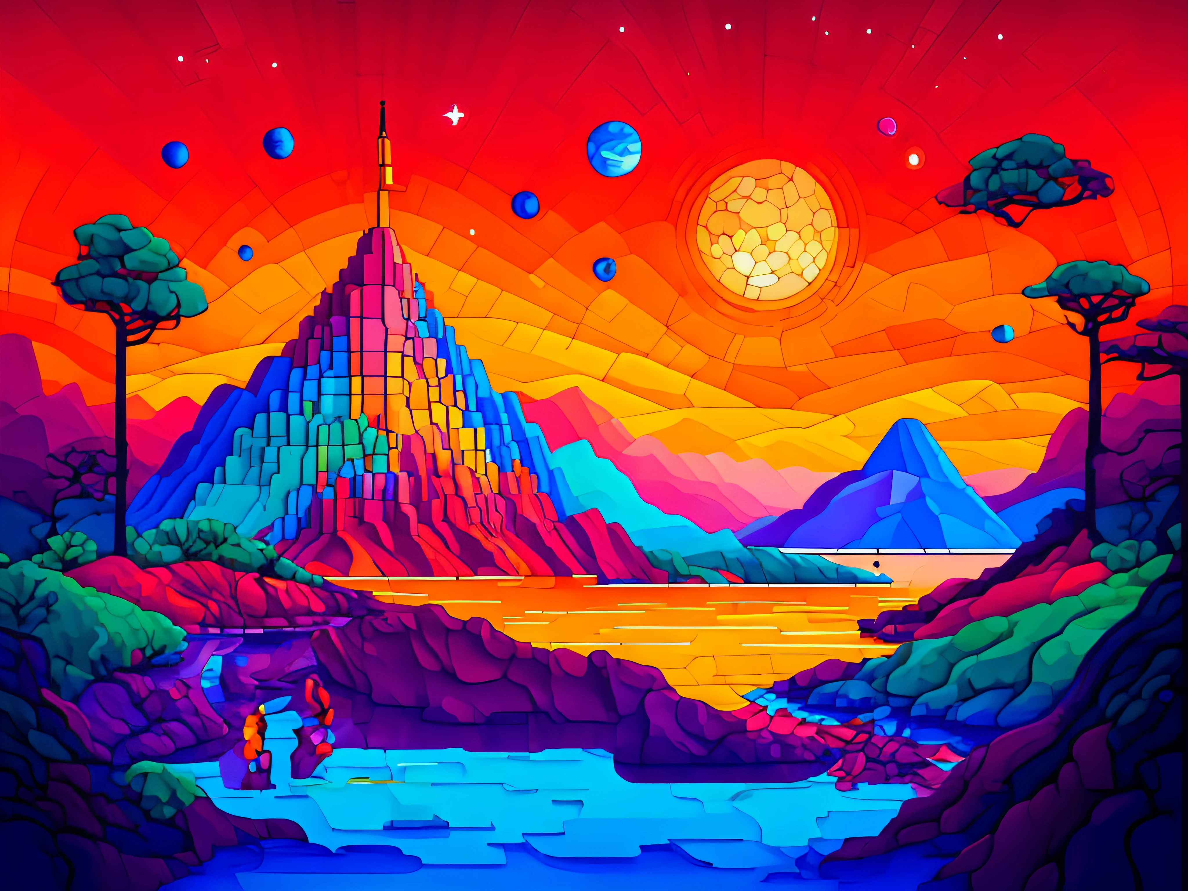 Bunte Illustration eines Berges mit einem Vollmond im Hintergrund, bemalter Mondturm, Hintergrundkunst, Jen Bartel, Zigurate, Hochdetaillierte digitale 4K-Kunst, antike Megastruktur-Pyramide, Detaillierte digitale 4K-Kunst, Pyramidenhintergrund, 4K HD illustratives Hintergrundbild, farbenfrohe Konzeptkunst, bunte Pixelkunst, hochwertige Voxel-Kunst