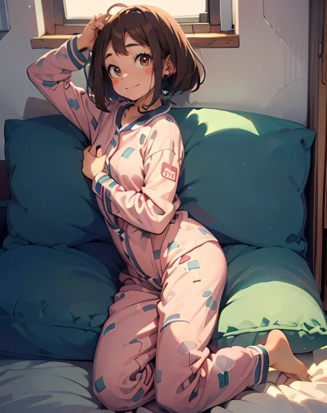 Cute girl in pink pajamas posing on sofa, sleepwear, wearing pajama, wearing white pajamas, Pink clothes, wearing a baggy pajama...