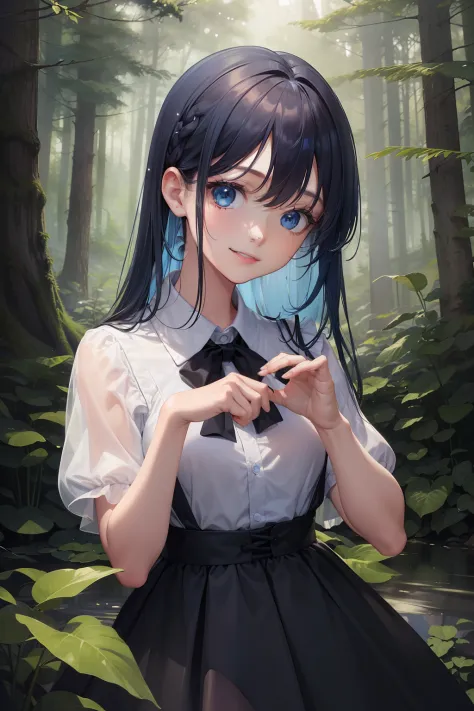 ((best qualtiy))，(Photo fidelity：2) ，lots of resolution，((tmasterpiece))，((Detail 2))，The background is a natural element of the forest theme，Mysterious forest，A little firefly，A beautiful girl，playing water，Perfect body proportions，Blue hair，eBlue eyes，wh...
