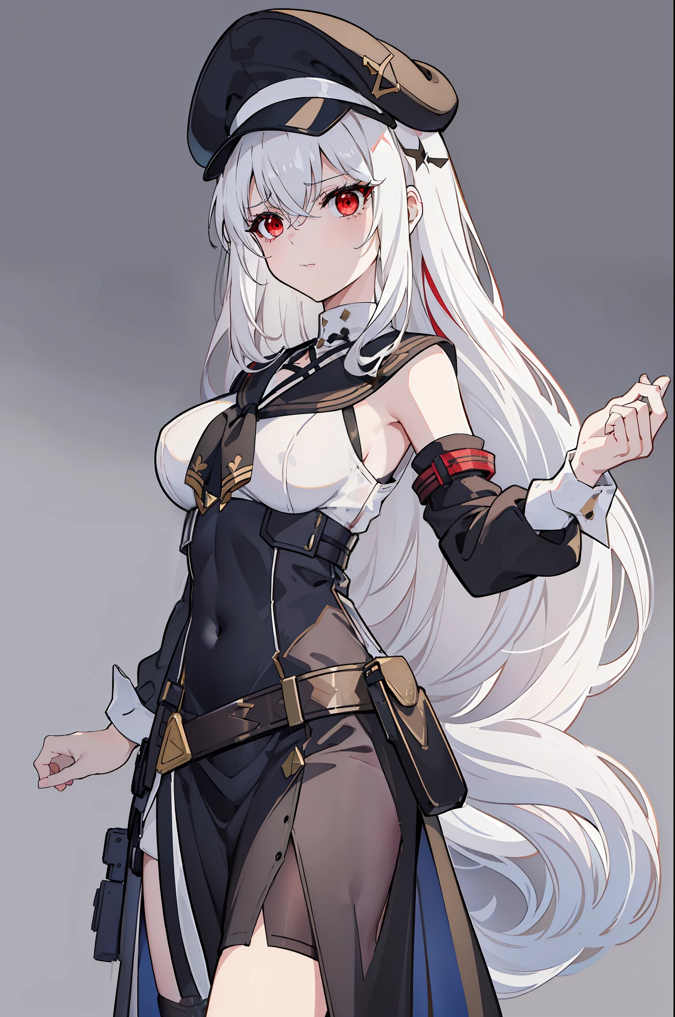 (masterpiece), best quality, expressive eyes, perfect face, 1girl, solo, medium height, young adult, young woman, big boobs, (long hair, white hair, side locks, bangs, wavy hair), (red eyes, death glare, serious, menacing, leadership aura, glowing eye), old timey sailor outfit, black sailor outfit, dark dress, long sleeves, white long sleeves, captain, strong young woman, average height, medium height, heels, black skirt, white trims on skirt, fighter, guard, (gunblade, gunsword, knife attached to gun, pistol with a blade, gun with blade attached), human, black sailor cap, captain's hat, black cap, (black cape, red underside of cape, accessories, medieval, 19th century, black sailor uniform, vintage styled outfits, white middle, red ribbon