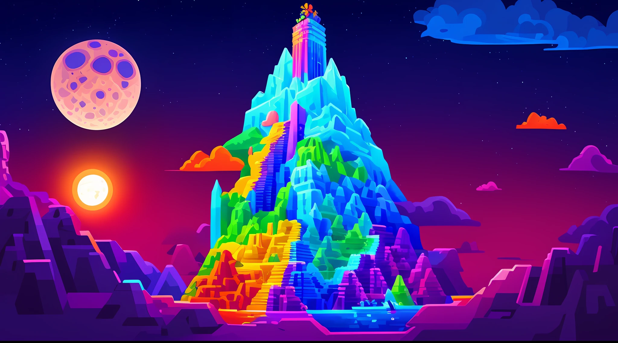 Colorful illustration of a mountain with a full moon in the background, Torre pintada da lua, Zigurate, Jen Bartel, arte de fundo, Arte digital altamente detalhada em 4k, Arte digital detalhada em 4k, pyramid background, ancient megastructure pyramid, arte conceitual colorida, voxel arte, 4K HD papel de parede ilustrativo, pixel art colorido