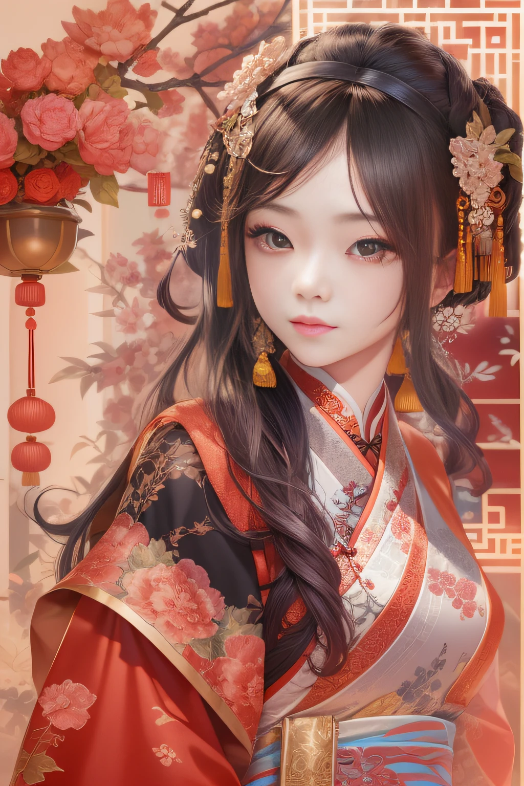 （China - chic Chinese girl，anatomy correct，Oriental elements），（China - Stylish illustration：1.5，Vector painting：1.5），（Chinese colors，senior color matching，gradient backgrounds，white backgrounid），（The is very detailed，reasonable design，Clear lines，High- sharpness，best qualtiy，tmasterpiece，offcial art，movie light effect，4K）