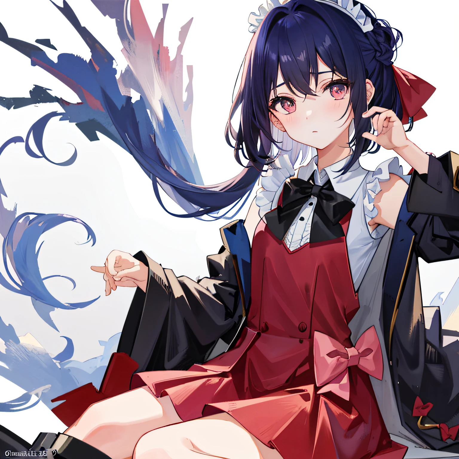 Tsundere、quadratic element、Small loli、with short black hair、Bright eyes、Small round face、upturned eyebrows、Fair and smooth skin。 Sweet、Lolita style、Puffy skirt、Lace、Bow knot、The color is bright、Cute style、In pink、blue colors、red colour、lace legwear、tigh-high boots、Cute accessories、Bow hairpins、neck chain、bangle、school ground、Anime Carnival。Falling streamers and debris，a sense of atmosphere。absurderes, A high resolution, Ultra detailed, elegant flourishes, and a sense of craftsmanship and skill,。Anime girl in maid costume sitting on a branch, Beautiful anime girl, seductive anime girls, cute anime waifu in a nice dress, pretty anime girl, attractive anime girls, Cute anime girl, beautiful and seductive anime woman, (Anime girl), Anime girl, Kawasi, Guweiz in Pixiv ArtStation, Extremely detailed Artgerm