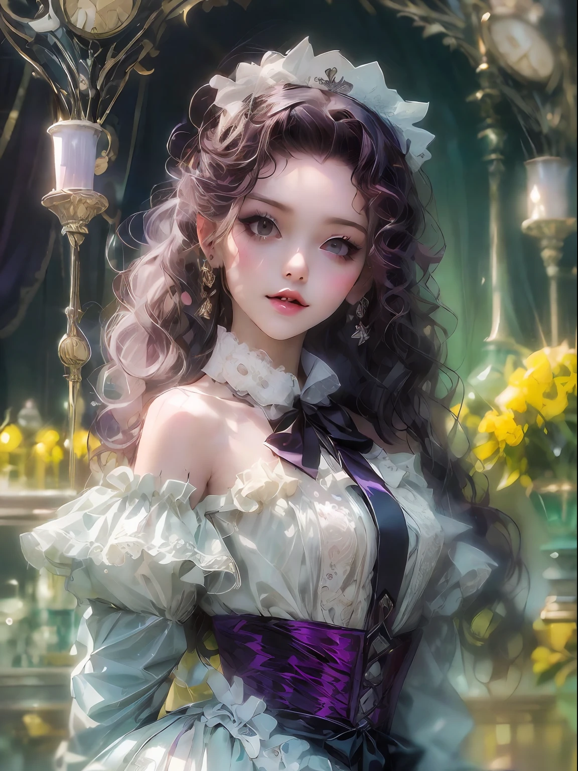 HighestQuali，tmasterpiece：1.2，Detailed details，（high qulity），Kizi，A pretty girl，ssmile，Long black wavy curly hair，yellow bow，Purple clothes，Lolita prostitute，Gorgeous costumes，white backgrounid，Bust，Dingdall effect，k hd