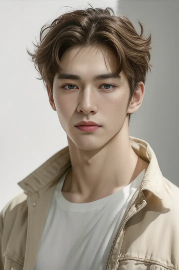 "Create realistic images, High resolution photo with a handsome Korean guy, Heterochromatic eye, He was wearing a loose white shirt and white jeans...,nice skin,half body portrait,Open it up...,short light brown hair.,strong