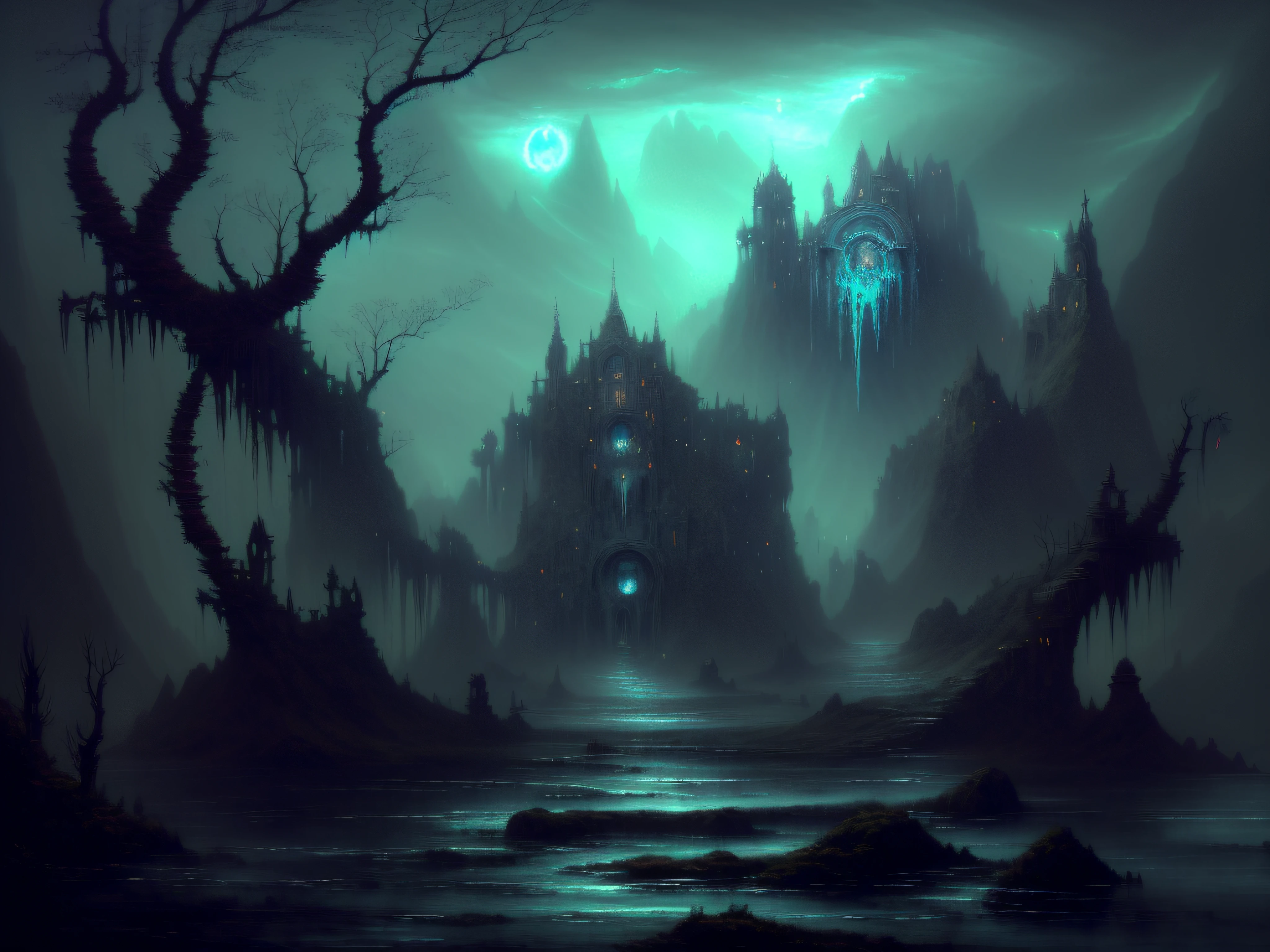 dark ruins landscape, dark concept art, grimdark matte fantasy painting, dark fantasy concept art, dark fantasy ambient, dark cinematic concept art, stefan koidl inspired, dramatic concept art, paisagem lovecraftiana, painted as a game concept art, just art for dark metal music --auto