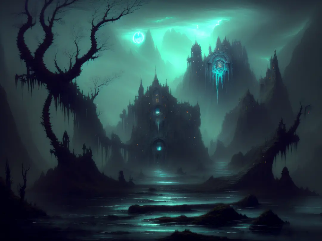 dark ruins landscape, arte conceitual sombria, pintura de fantasia fosca grimdark, arte conceitual de fantasia sombria, ambiente...