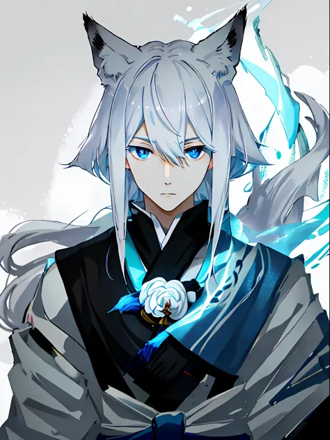 whaite hair，1 man，fox demon，Softens hair，face expressionless，Pale complexion，Pure white kimono，blue color eyes