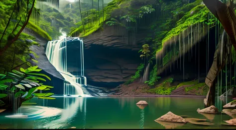 a photograph of a majestic waterfall in the midst of lush forest in brazil, with water cascading down, materpiece estilovintedoi...