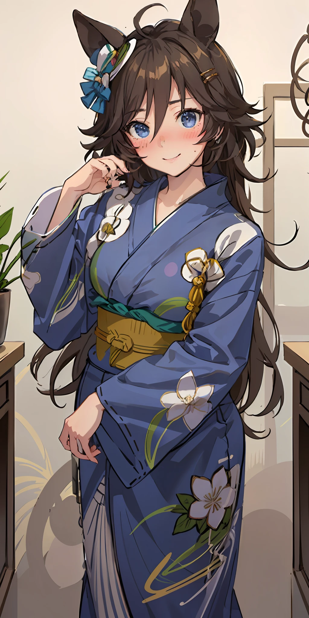 女の子1人、Brown hair(long)、beautiful hair decoration、faces((Embarrassing))、faces((a little blush on the cheeks))、Blue eyes((Delicate.ren))、Marl、Hidden in the hair of one eye、Japanese dress((Yukata))portlate、side lights、wall-paper、NSFW、Background night、Beautiful night sky、A smile、Happiness