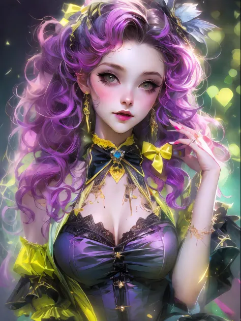 highestquali，tmasterpiece：1.2，detailed details，（high qulity），kizi，a pretty girl，ssmile，long black wavy curly hair，yellow bow，pur...