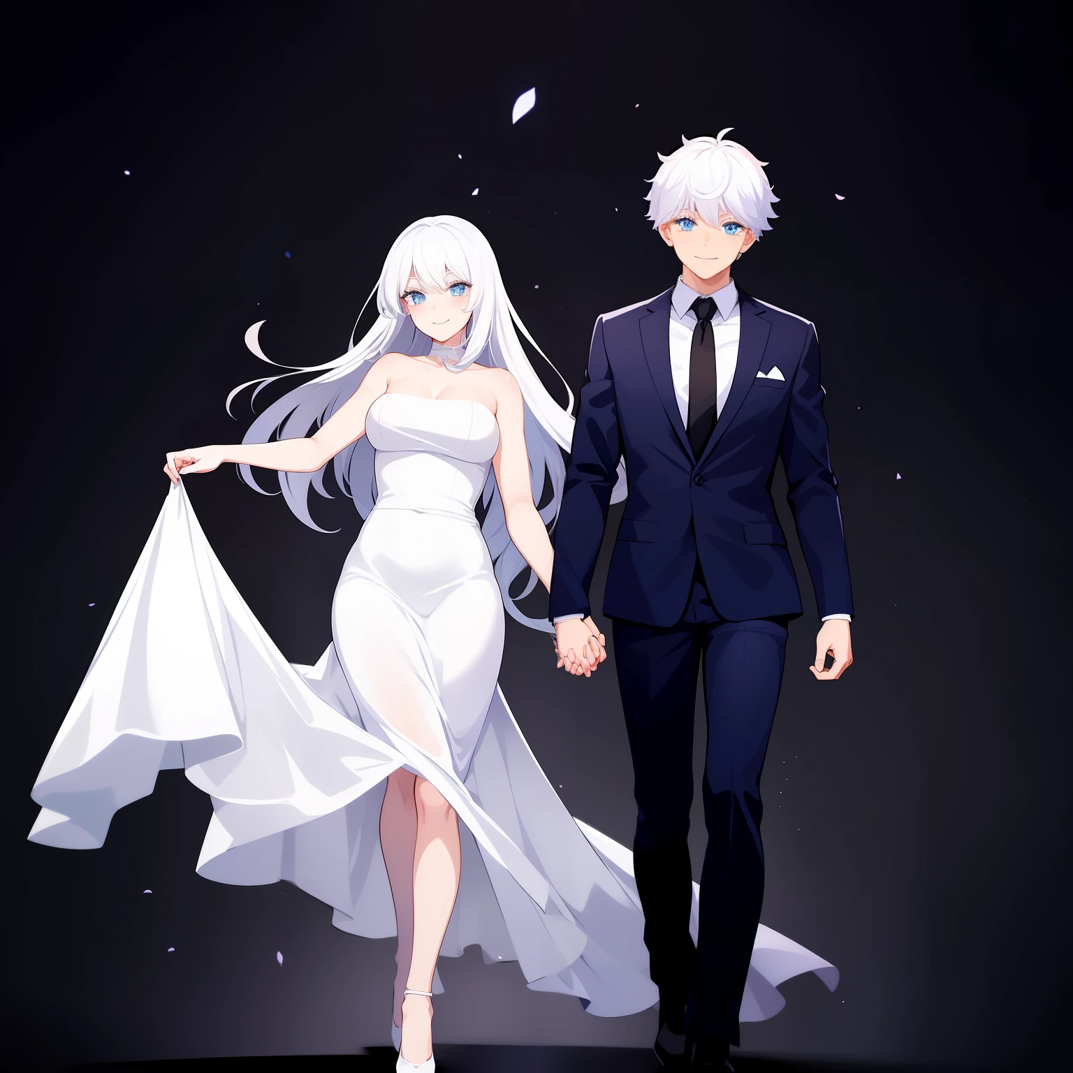 wedding, bride with white hair, white bridal outfit, female's blue eyes, soft smile) ( boy, gojo, white hair groom, black suit, blue eyes, smile) are holding hands and medium background