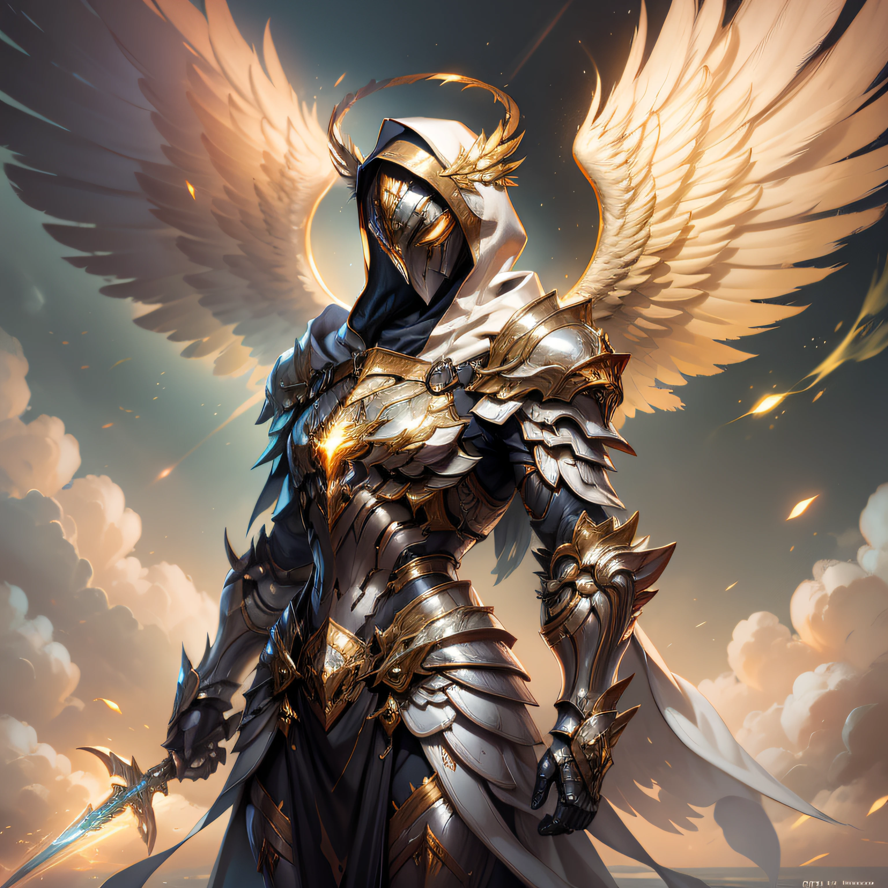 Golden armored angel, wings made of energy, metal halo, no face, hooded, gold, fantasy, concept art, ultra realistic, character art by greg rutkowski