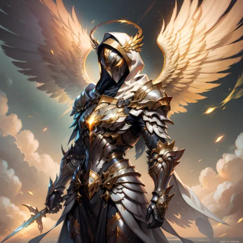 Golden armored angel, wings made of energy, metal halo, no face, hooded, gold, fantasy, concept art, ultra realistic, character ...