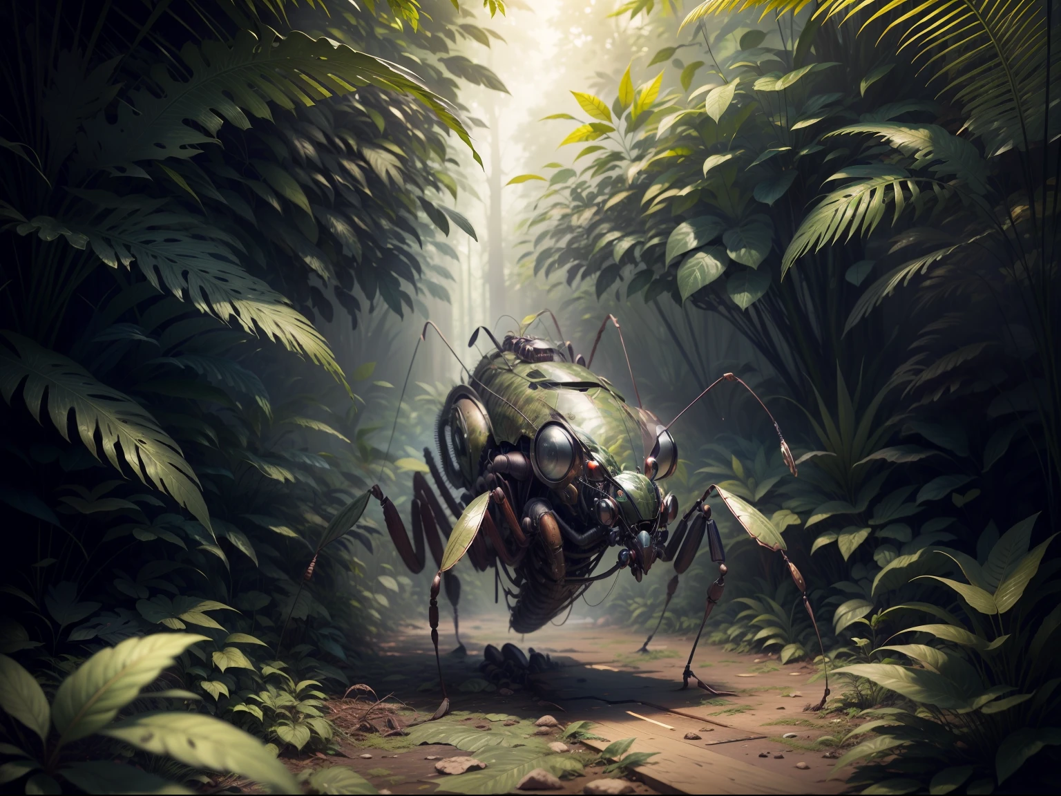 (8k masterpiece best quality: 1.2) a huge fearsome bullet ant wearing a British marine commando helmet camouflage paint under his eyes holding machine gun resting on his shoulder, is standing upright looking down on all the thousands of tiny other ants scurrying along the rainforest floor, the humidity is at 100% and condensation is falling from the giant hardwood trees on to the leafy_viney rainforest floor