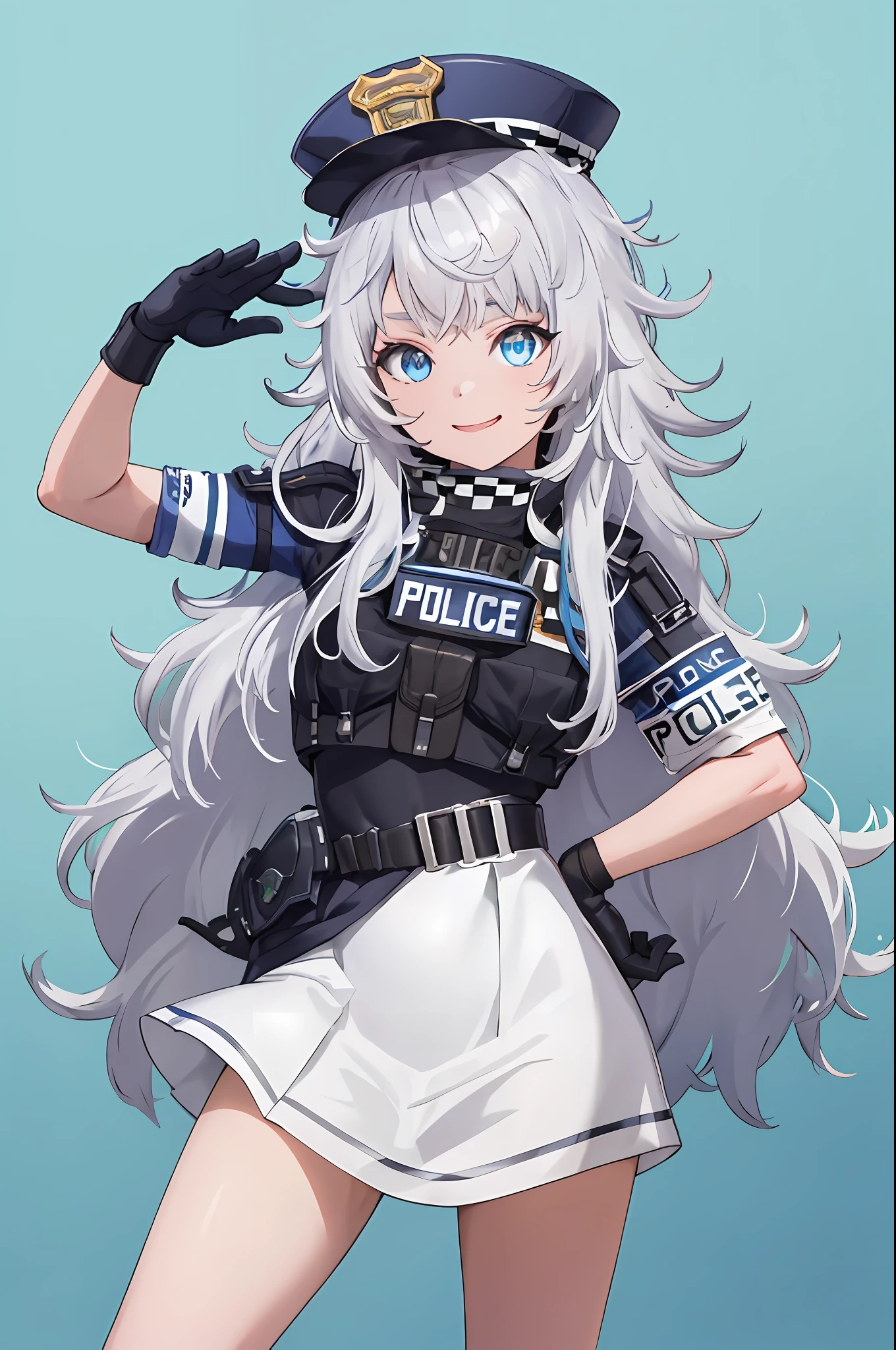 mesa, mejor calidad, alta resolución, 1 chica en, Solo, pelo largo, tiene, Blue eyes, pelo blanco, cabello desordenado, guantes negros, calcetines blancos, uniforme de policia, Falda negra, mangas cortas, tiro de vaquero, saludo, poner las manos en la cadera,sonríe,