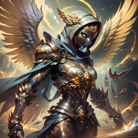 Golden armored angel, wings made of energy, metal halo, no face, hooded, gold, fantasy, concept art, ultra realistic, character ...
