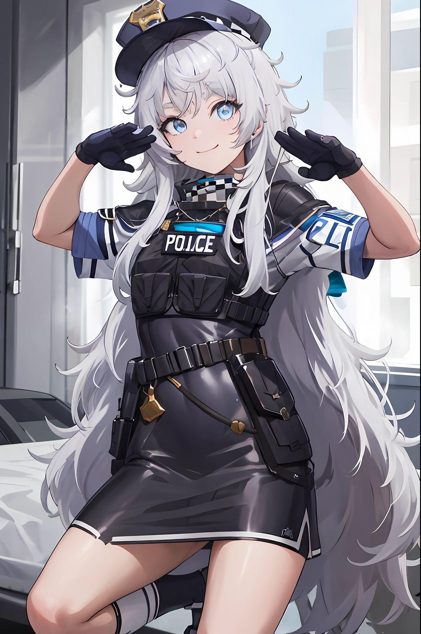 dessus de la table, Meilleure qualité, haute résolution, 1 fille dans, seulement, cheveux longs, a, yeux bleus, cheveux blancs, cheveux en désordre, gants noirs, chaussettes blanches, uniforme de police, jupe noire, manches courtes, tir de cow-boy, saluer, mettre les mains sur la hanche,sourire,