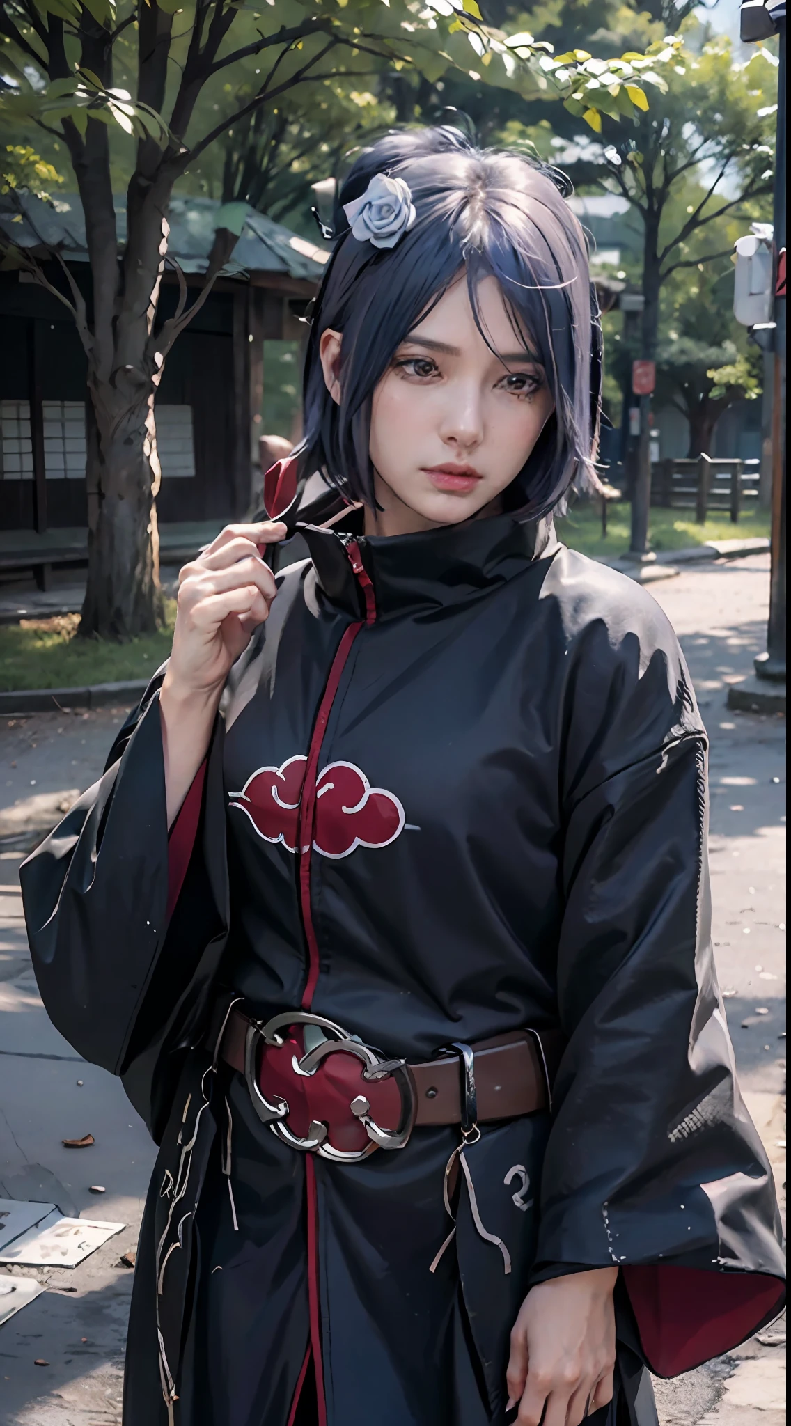 (8k, RAW photo), (best quality), (masterpiece), (realistic,) (photo-realistic), (highres), ultra-detailed, (realism:1.1),beautiful face, (1girl:1.1), woman, (looking at viewer), cowboy shot, japanese, konan \(naruto\), (akatsuki outfit:1.1), labret piercing, dark blue hair, professional lighting, photon mapping, physically-based rendering, dark theme,