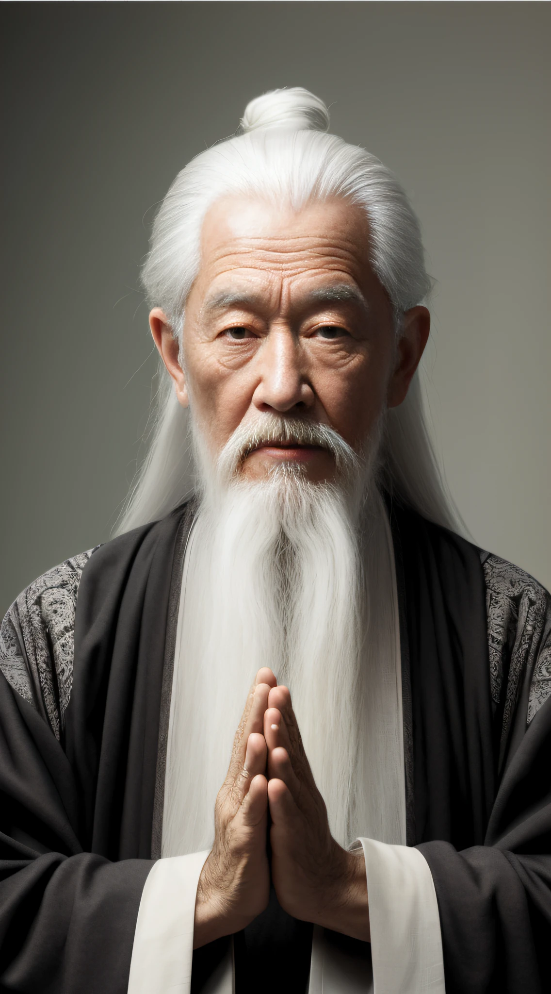 White-bearded, white-haired, black-robed Alphad man, Taoist, Taoist master, Daoism, holy man looking at ground, Long white hair and white beard, Long white beard, White hair and white beard, ancient japanese monk, long white hair and beard, neat white beard and hair, with long white hair, Wise old man