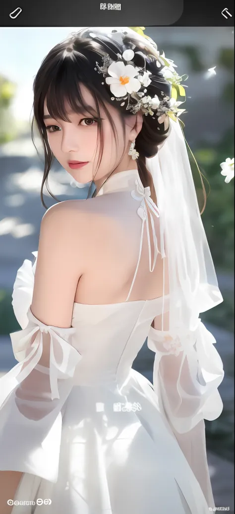 a close up of a woman with a white dress on，A flower stuck in his hair, trending on cgstation, trending at cgstation, gorgeous chinese models, 8K Artgerm bokeh, hot with shining sun, showing her shoulder from back, waist - shot, tiktok video, style of wlop...