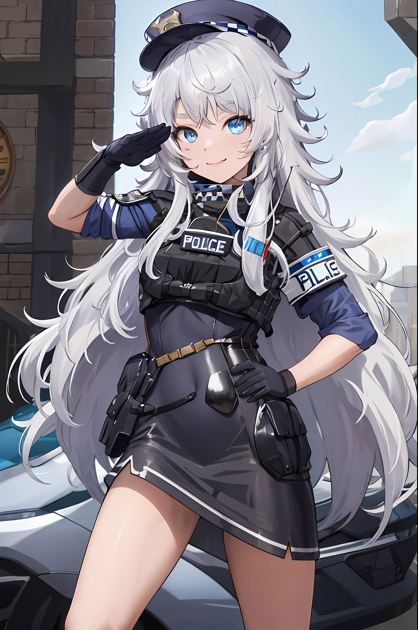 masutepiece, Best Quality, hight resolution, 1girl in, Solo, Long hair, hat, Blue eyes, White hair, hair messy, Black Gloves, White socks, Police Uniform, Black skirt, Short sleeves, Cowboy Shot, Salute, put hands on the hip,ssmile,