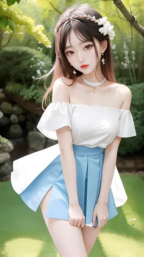 Fashion trendy beautiful and charming woman，gentle and charming Chinese beautiful woman，Korea（Kpop idol），delicate and sexy collarbones，charming oval face，二重まぶた，Ingenious[peaches]flower eyes，redish pink lips，small-nose，Breast nudity，Breasts as white as jade...