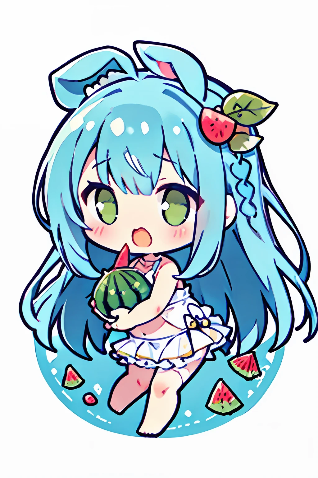 Chibi:1.2、(White background:1.3)::5],(imid shot:0.95),(Full body:1.25),
(Official art:1.2),
//,
(Falling down:1.1),
(fetal position:1.2),
Eat cut watermelon,
nose blush,cute little,Open mouth,mini crown,(white thighhig:1.3),
Raleigh,Little Girl,Bandaged Legs,Barefoot,Full body,Green eyes,Rabbit ears,(watermelons,mare、the beach:1.2),
aqua hair,Long hair,Blunt bangs,White swimwear,plunging neckline,Cross Halter Dress,Waistband,