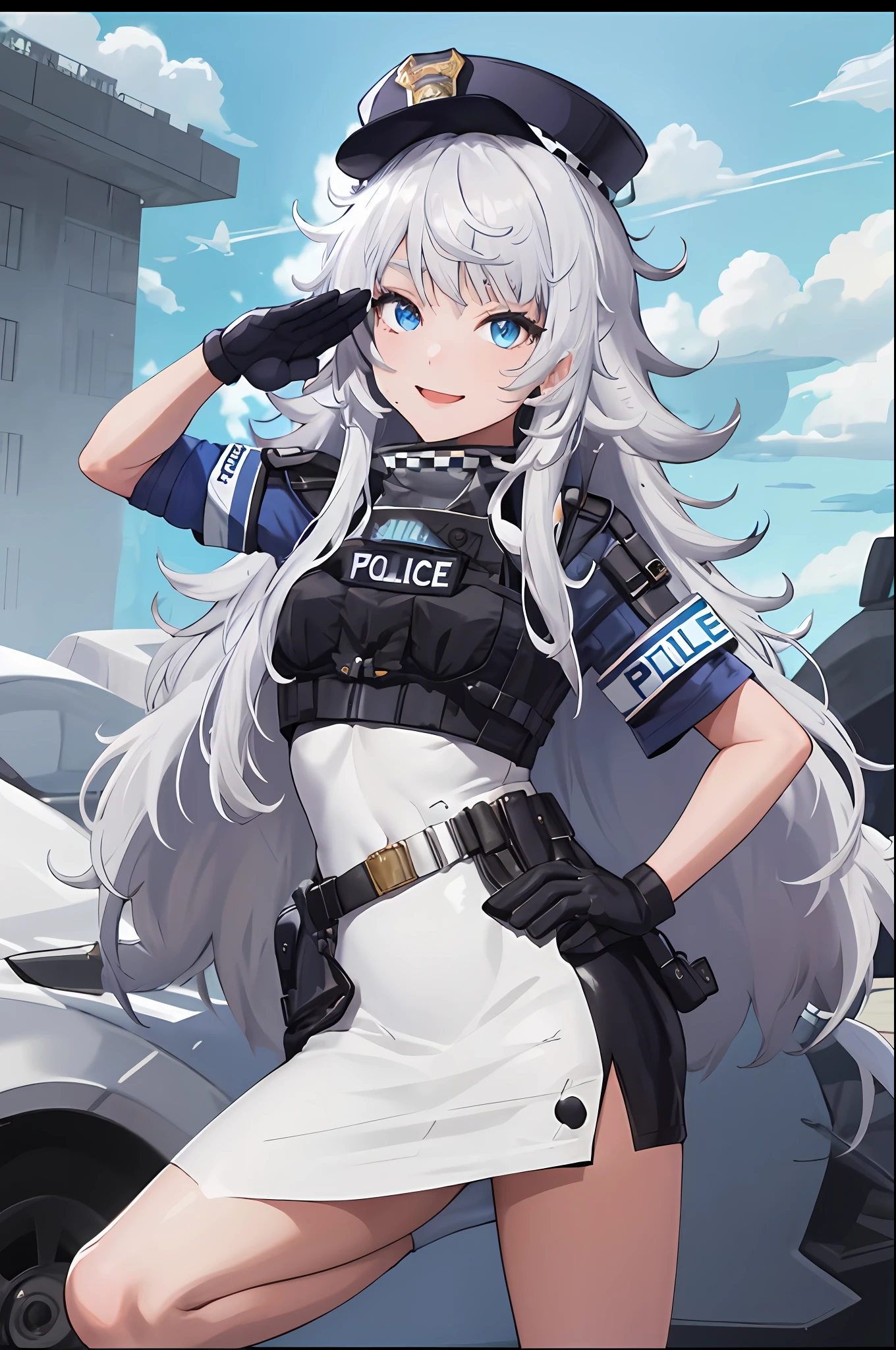 dessus de la table, Meilleure qualité, haute résolution, 1 fille dans, seulement, cheveux longs, a, yeux bleus, cheveux blancs, cheveux en désordre, gants noirs, chaussettes blanches, uniforme de police, jupe noire, manches courtes, tir de cow-boy, saluer, mettre les mains sur la hanche,sourire,