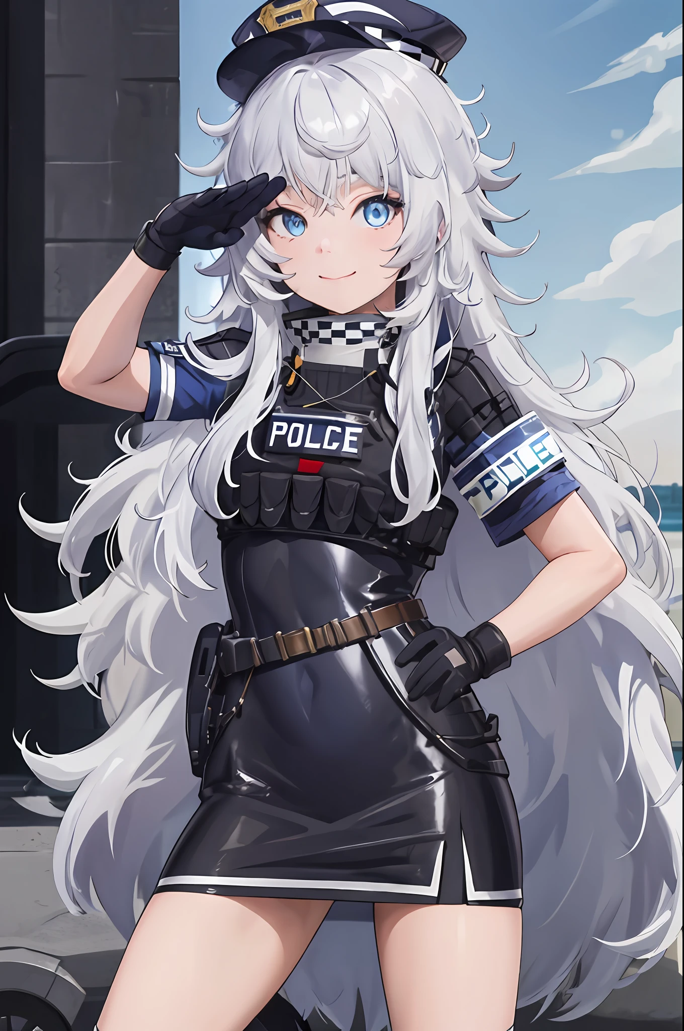 dessus de la table, Meilleure qualité, haute résolution, 1 fille dans, seulement, cheveux longs, a, yeux bleus, cheveux blancs, cheveux en désordre, gants noirs, chaussettes blanches, uniforme de police, jupe noire, manches courtes, tir de cow-boy, saluer, mettre les mains sur la hanche,sourire,